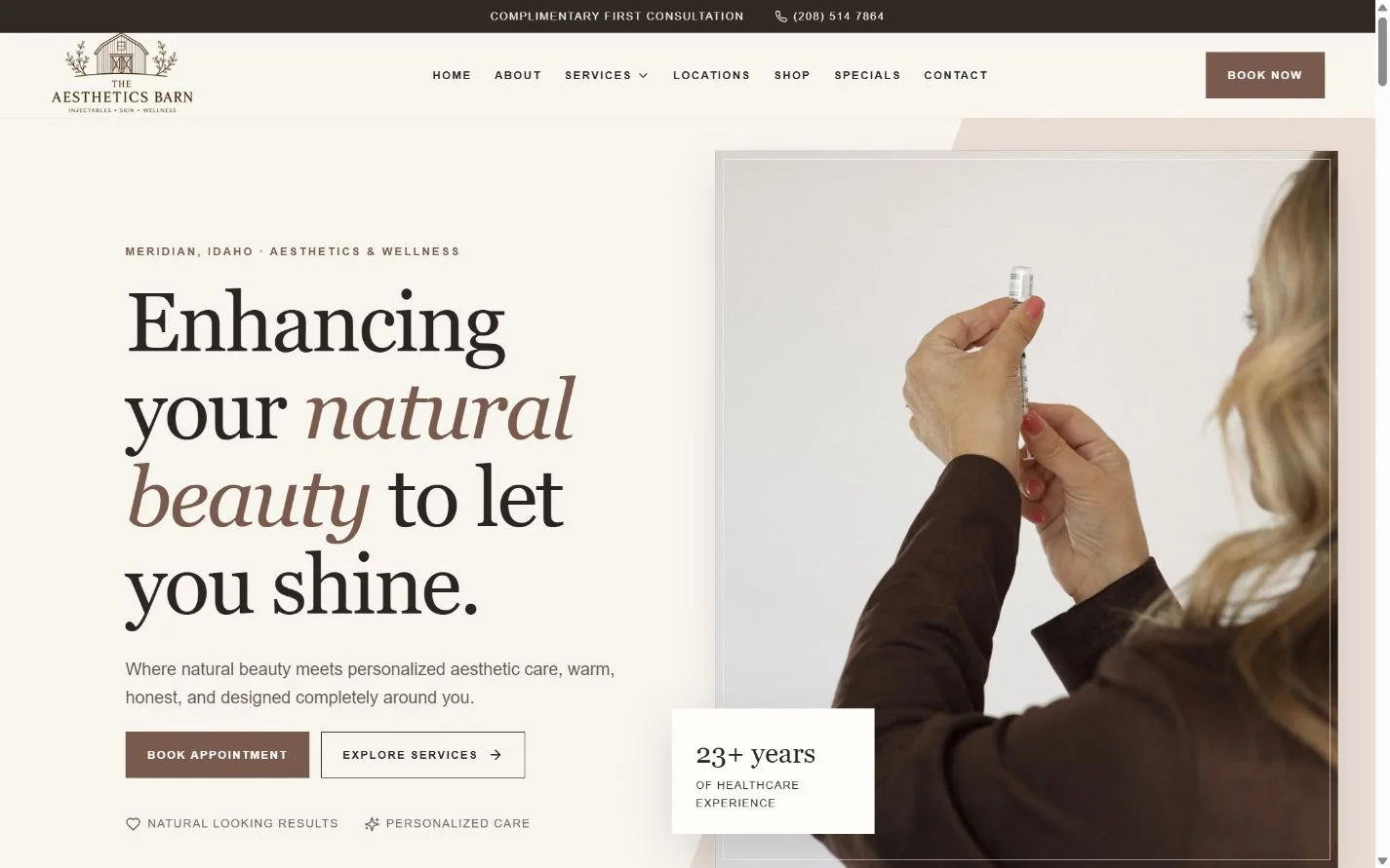 The Aesthetics Barn & Wellness homepage shown on desktop