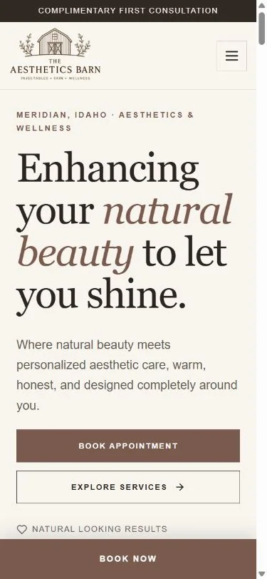 The Aesthetics Barn & Wellness responsive homepage shown on mobile