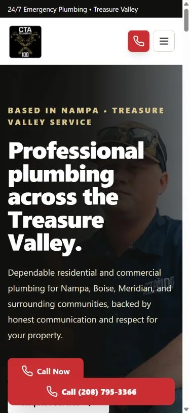 CTA Plumbing 100 responsive homepage shown on mobile